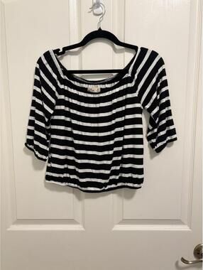 Hollister Women's Black and White Striped Off-Shoulder Top Medium